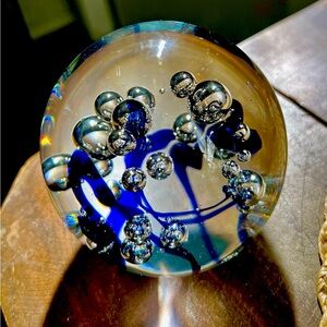 Vintage Collectible Blue Purple Ribbon Swirls & Bubbles Glass Paperweight .